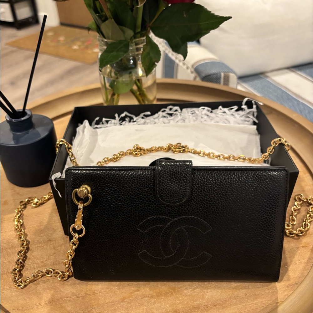 AUTHENTIC CHANEL Black Leather Clutch with Gold Chain